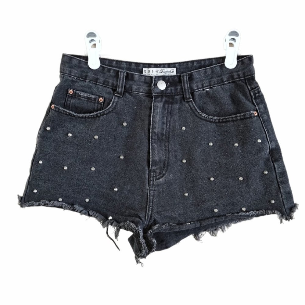 Denim&Co High Waist Cut Off Black Studded Denim Shorts Size 6
